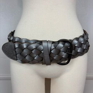Club Monaco Pauline Leather Wide Braid Belt Gunmetal Silver Pewter Metal Buckle